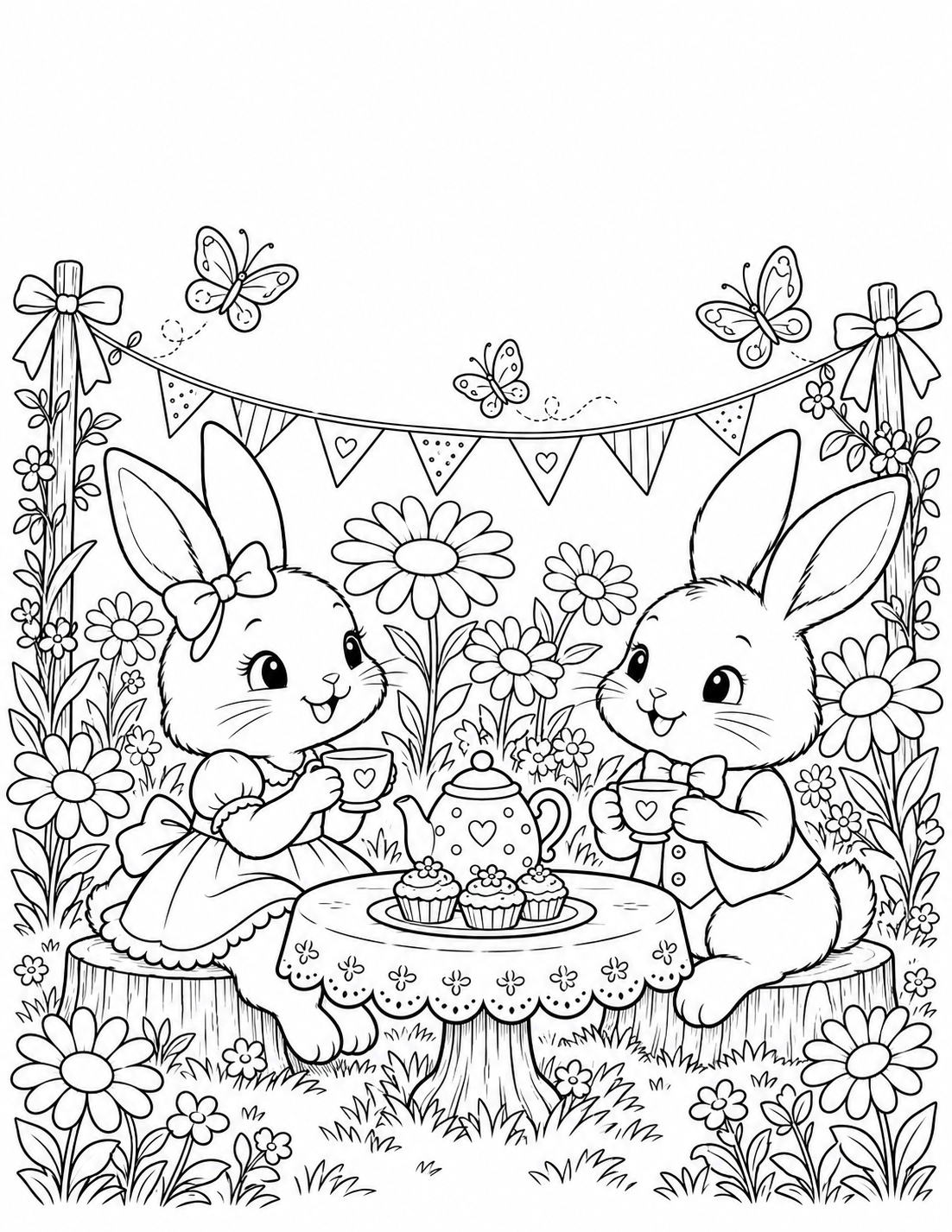 Cute bunny tea garden coloring illustration