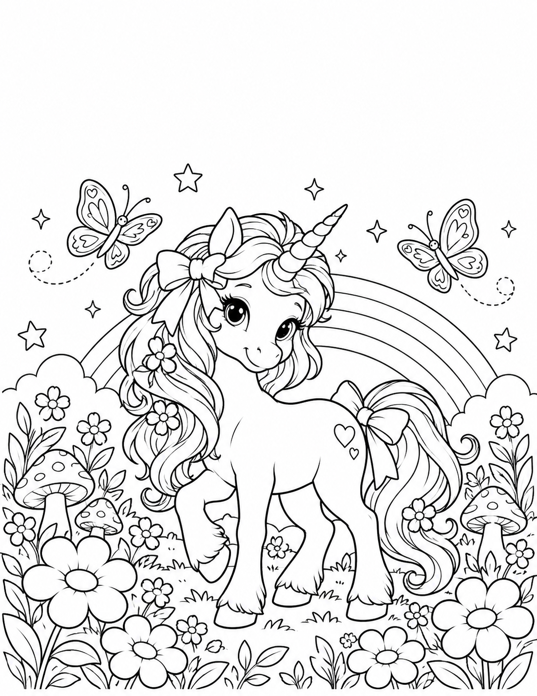 Detailed unicorn with a bow, flowers, butterflies, and a rainbow